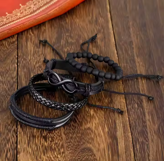 Bracelets multicouches 4 pièces en cuir noir pour hommes et femmes