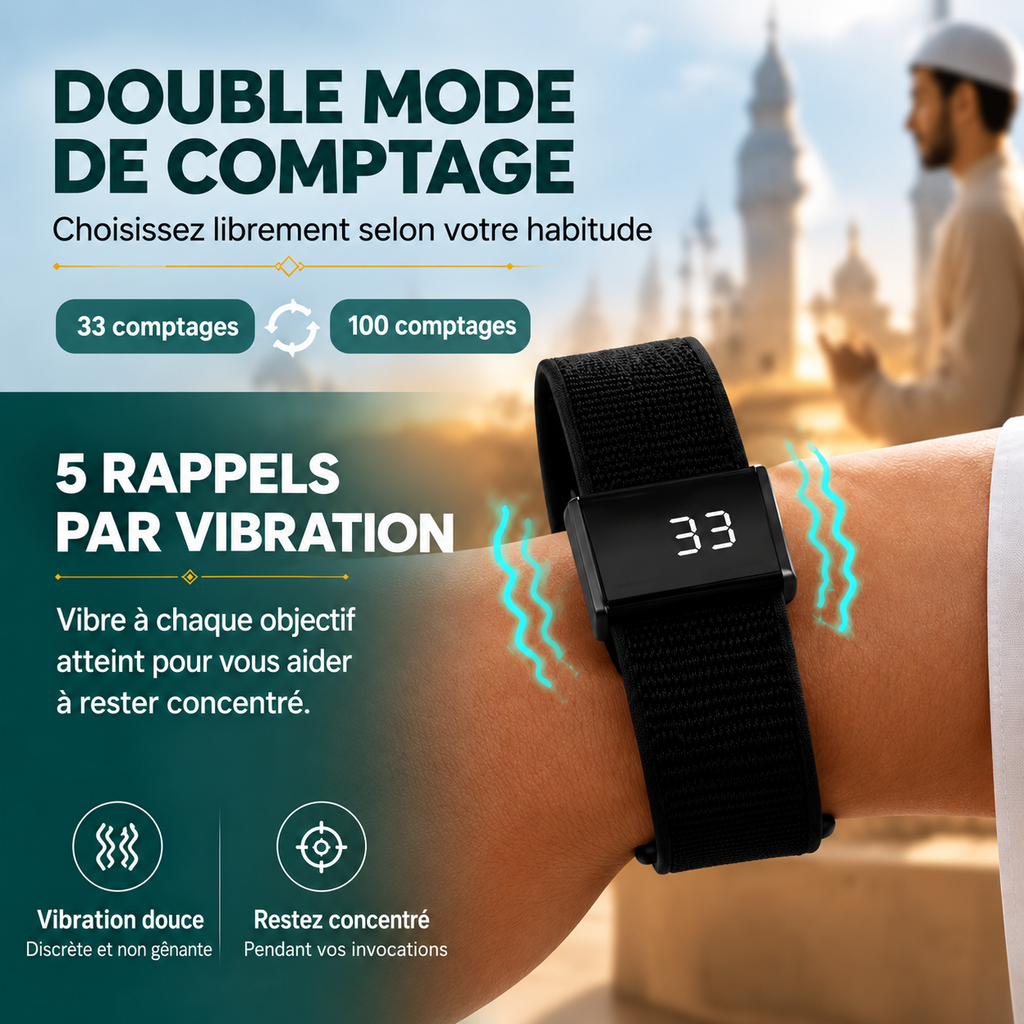 Bracelet Intelligent Tasbih – Compteur de Dhikr & Rappel des Prières