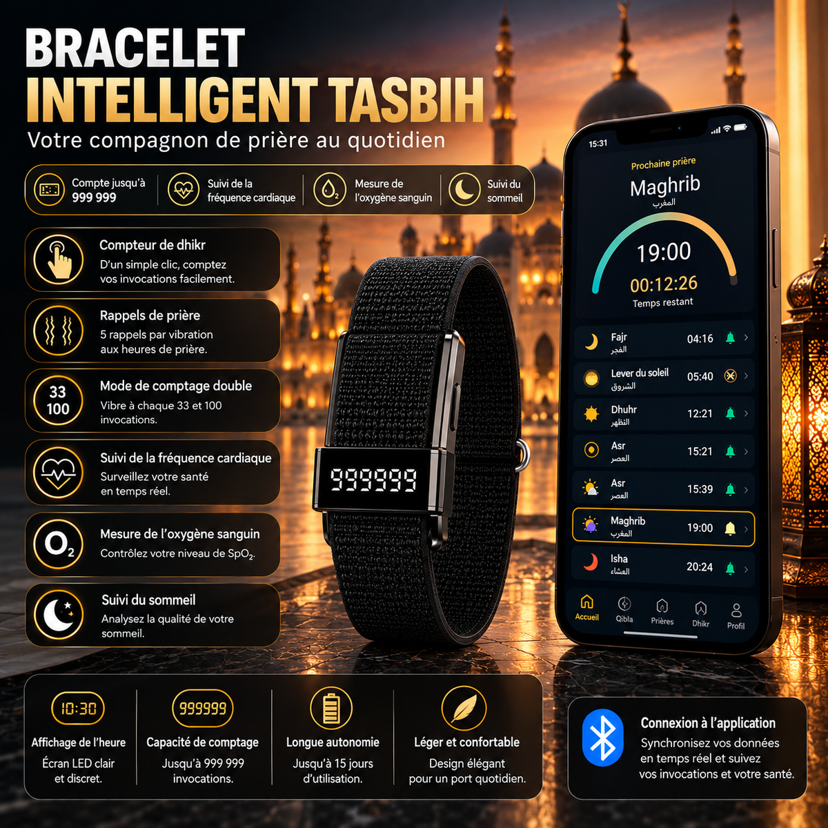 Bracelet Intelligent Tasbih – Compteur de Dhikr & Rappel des Prières