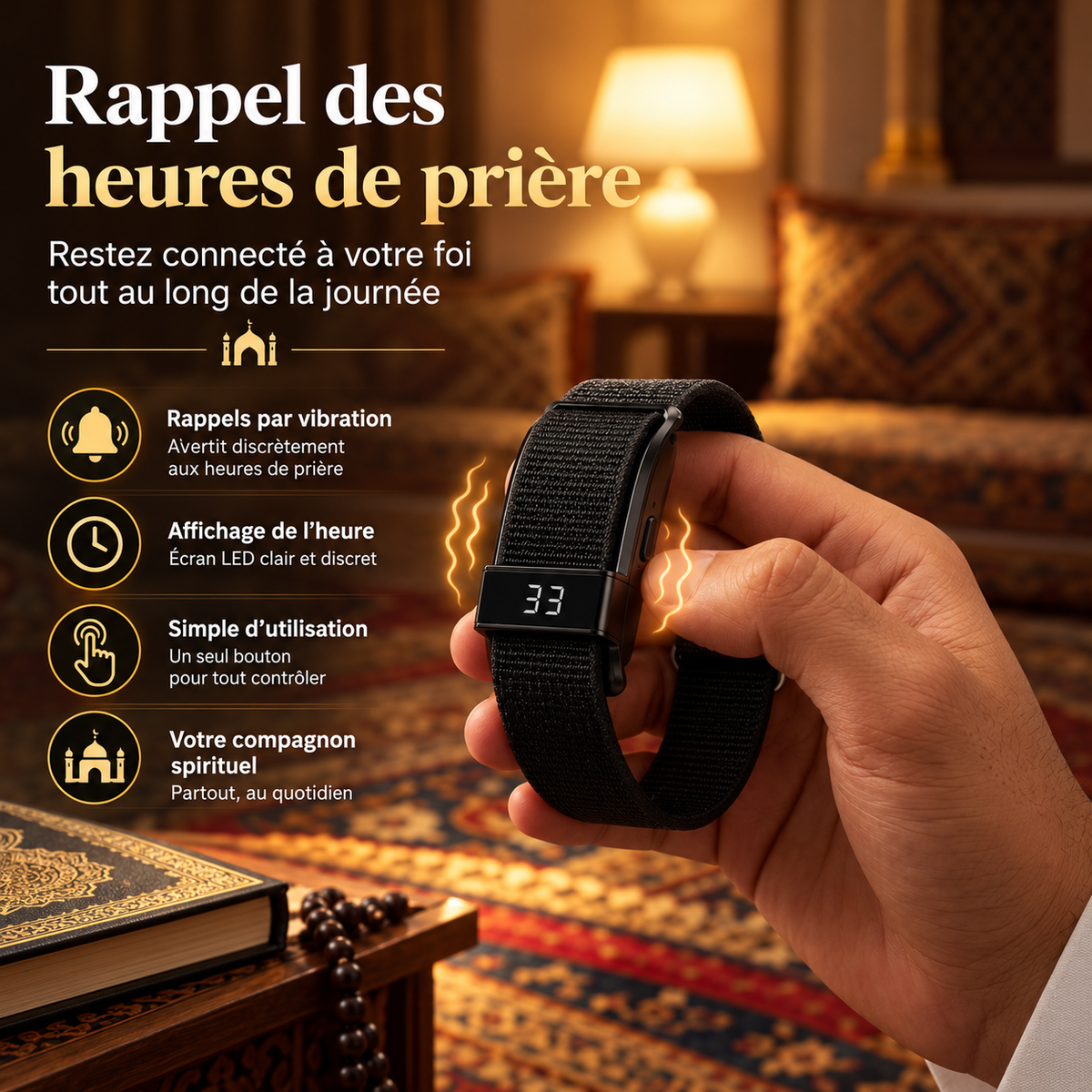 Bracelet Intelligent Tasbih – Compteur de Dhikr & Rappel des Prières