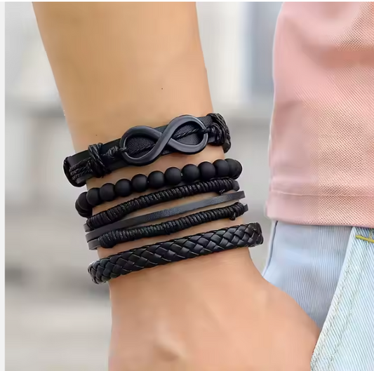 Bracelets multicouches 4 pièces en cuir noir pour hommes et femmes