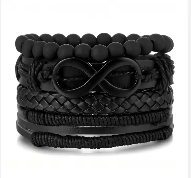 Bracelets multicouches 4 pièces en cuir noir pour hommes et femmes