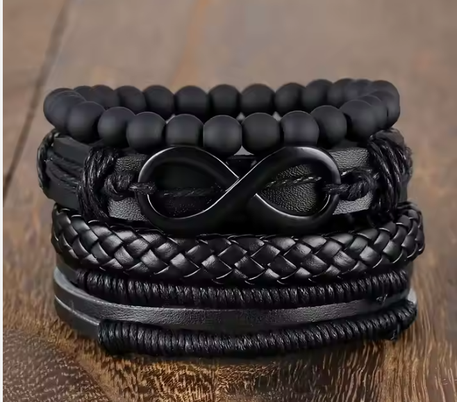 Bracelets multicouches 4 pièces en cuir noir pour hommes et femmes