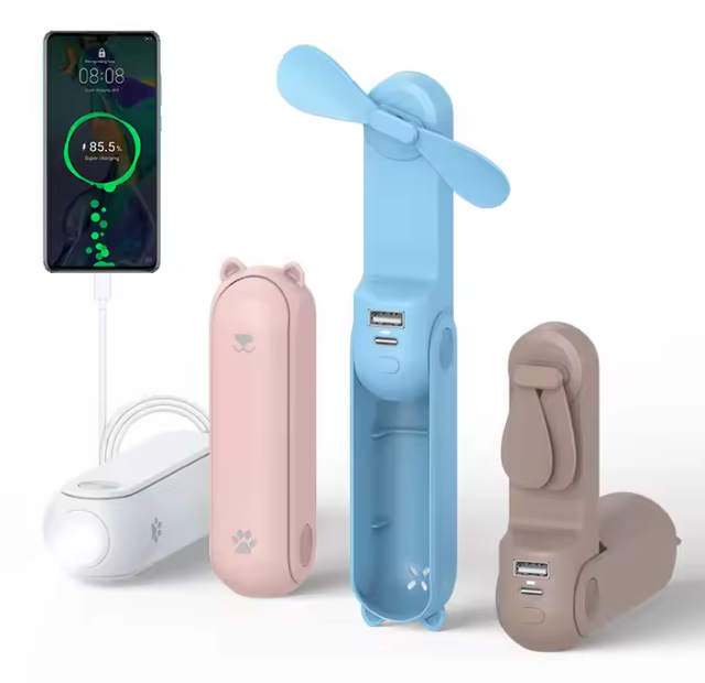 Ventilateur portatif électrique pliable et rechargeable par USB, batterie externe 2000 mAh