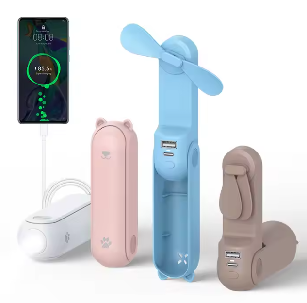 Ventilateur portatif électrique pliable et rechargeable par USB, batterie externe 2000 mAh