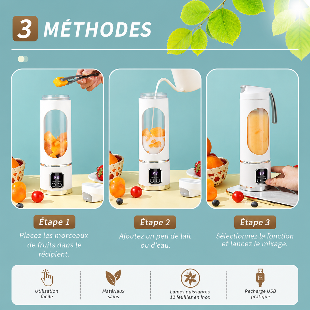 🍹 Mini Mixeur Portable Rechargeable USB – Préparez Vos Jus Frais Où Que Vous Soyez !