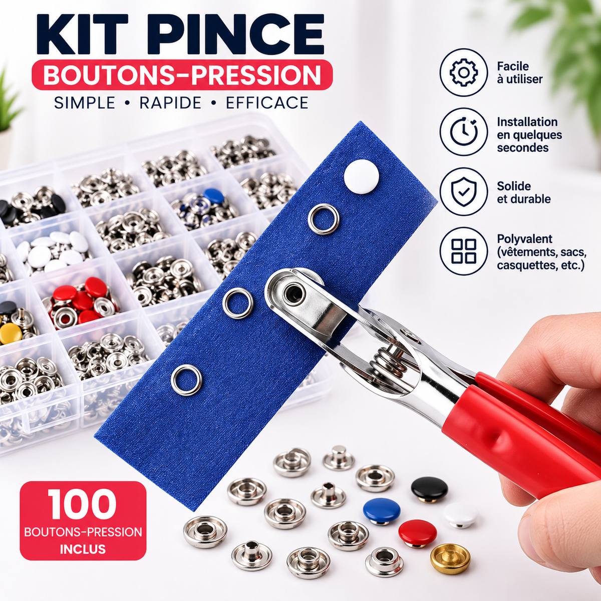 Kit de boutons-pression avec pince de pose et outil de pressage