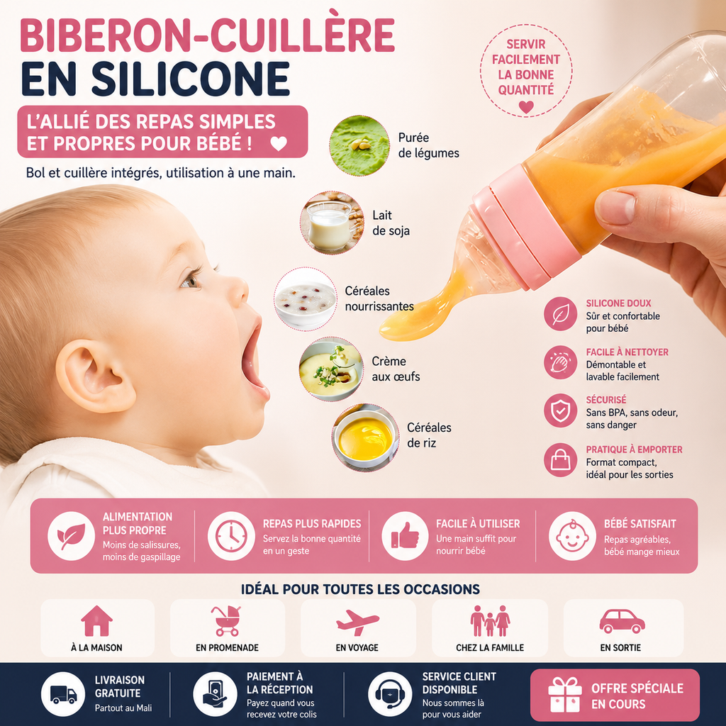 🍼 Biberon-Cuillère en Silicone – Des Repas Plus Simples Pour Bébé et Plus Pratiques Pour Vous