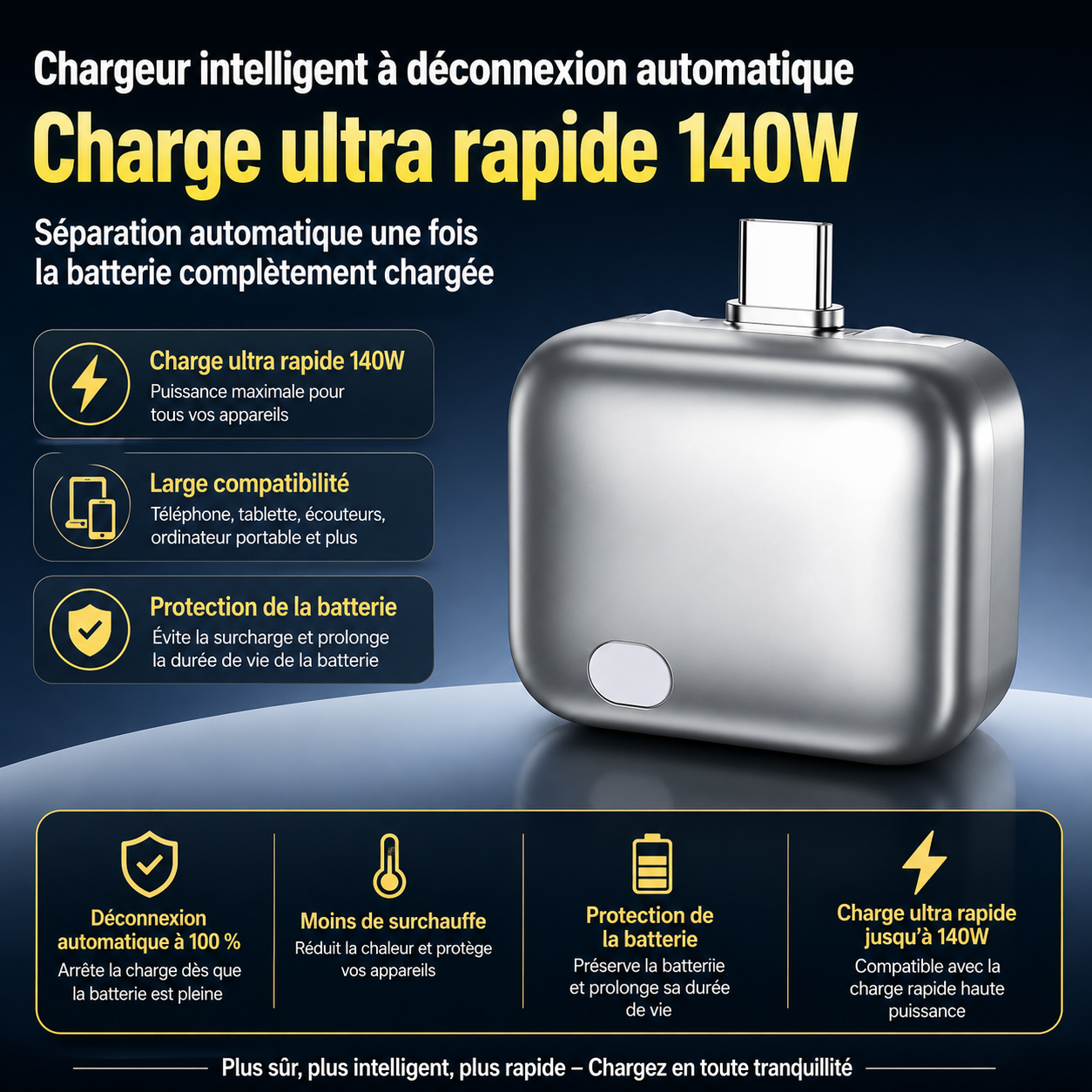⚡ Chargeur Intelligent Auto-Coupure 140W – Protégez Vos Appareils Automatiquement