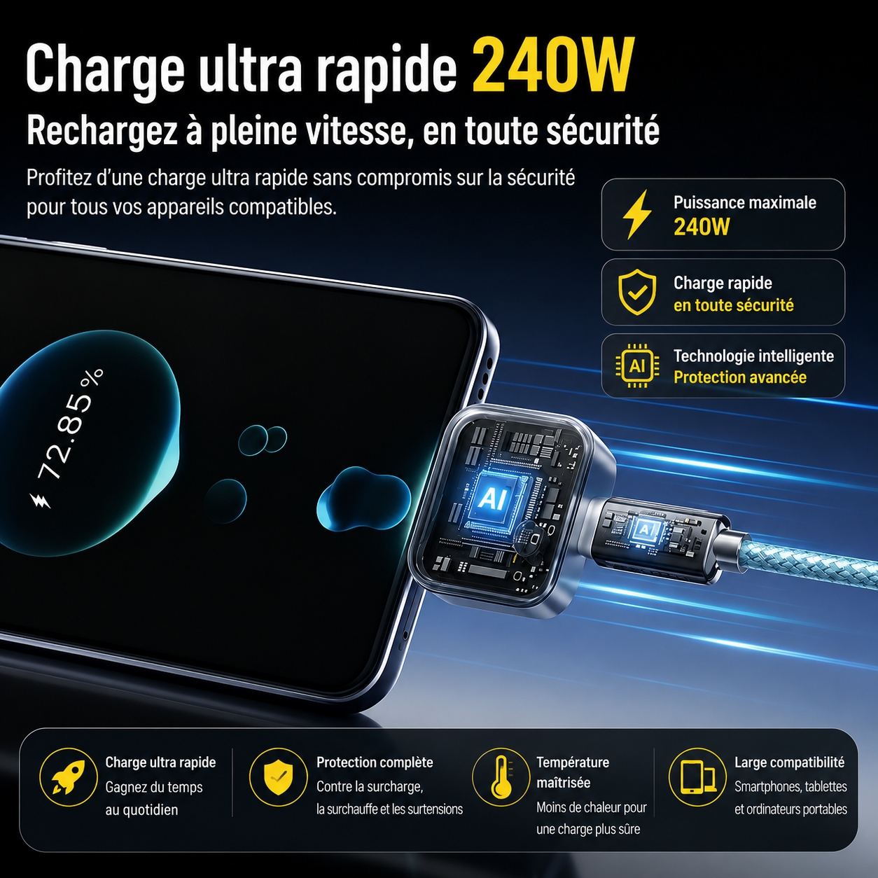 ⚡ Chargeur Intelligent Auto-Coupure 140W – Protégez Vos Appareils Automatiquement