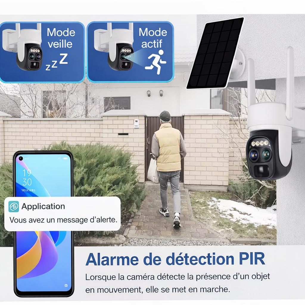 Caméra solaire de sécurité Objectif unique Zoom 10x Détection de mouvement Alarme