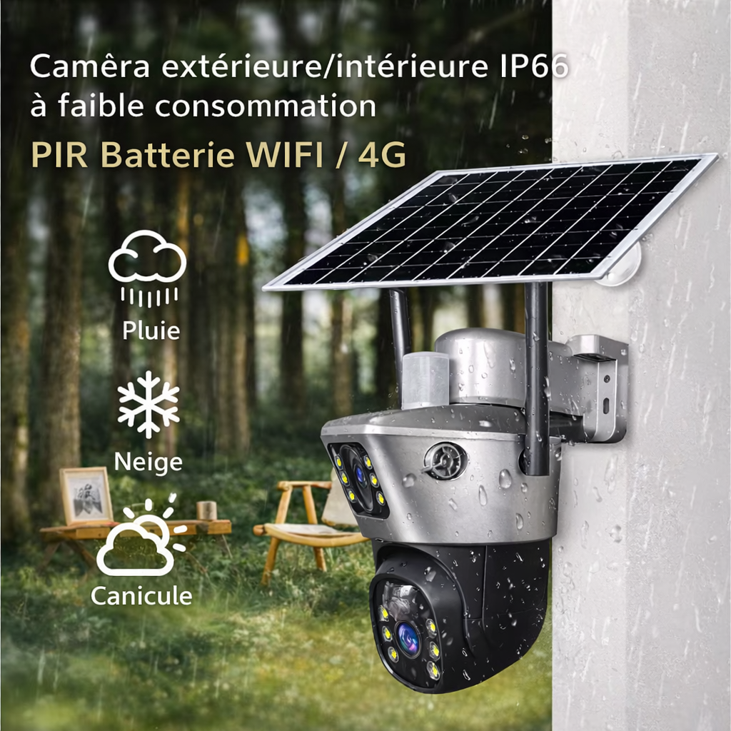 Caméra solaire à double objectif, à batterie WIFI /4G IP Wifi sans fil