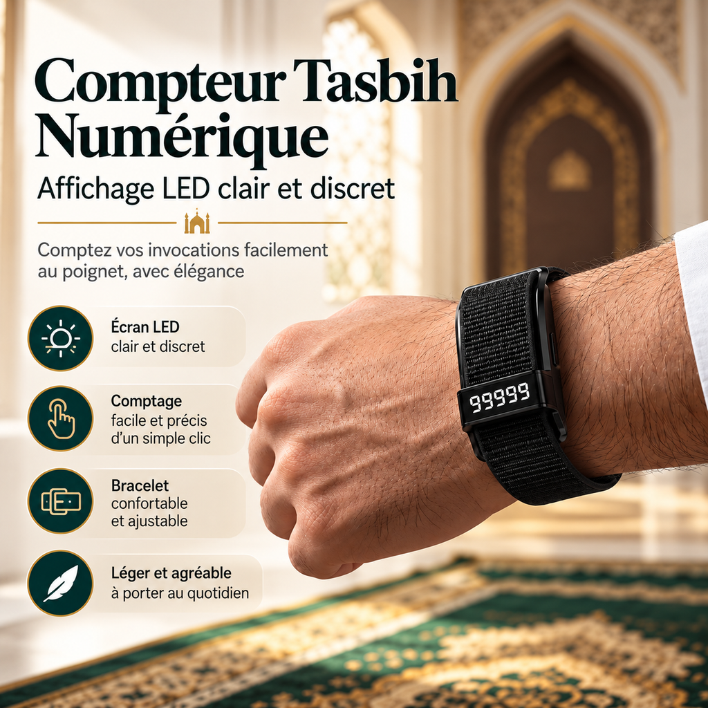 Bracelet Intelligent Tasbih – Compteur de Dhikr & Rappel des Prières
