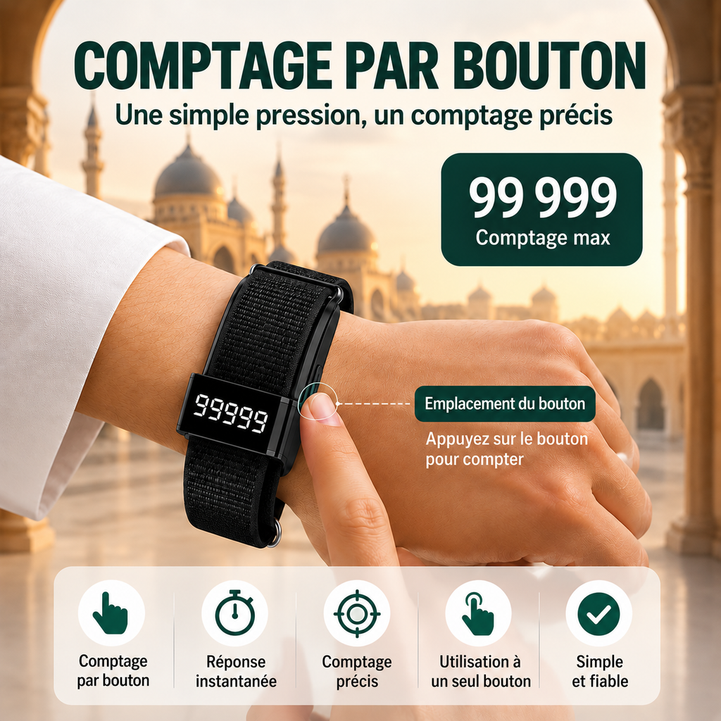 Bracelet Intelligent Tasbih – Compteur de Dhikr & Rappel des Prières