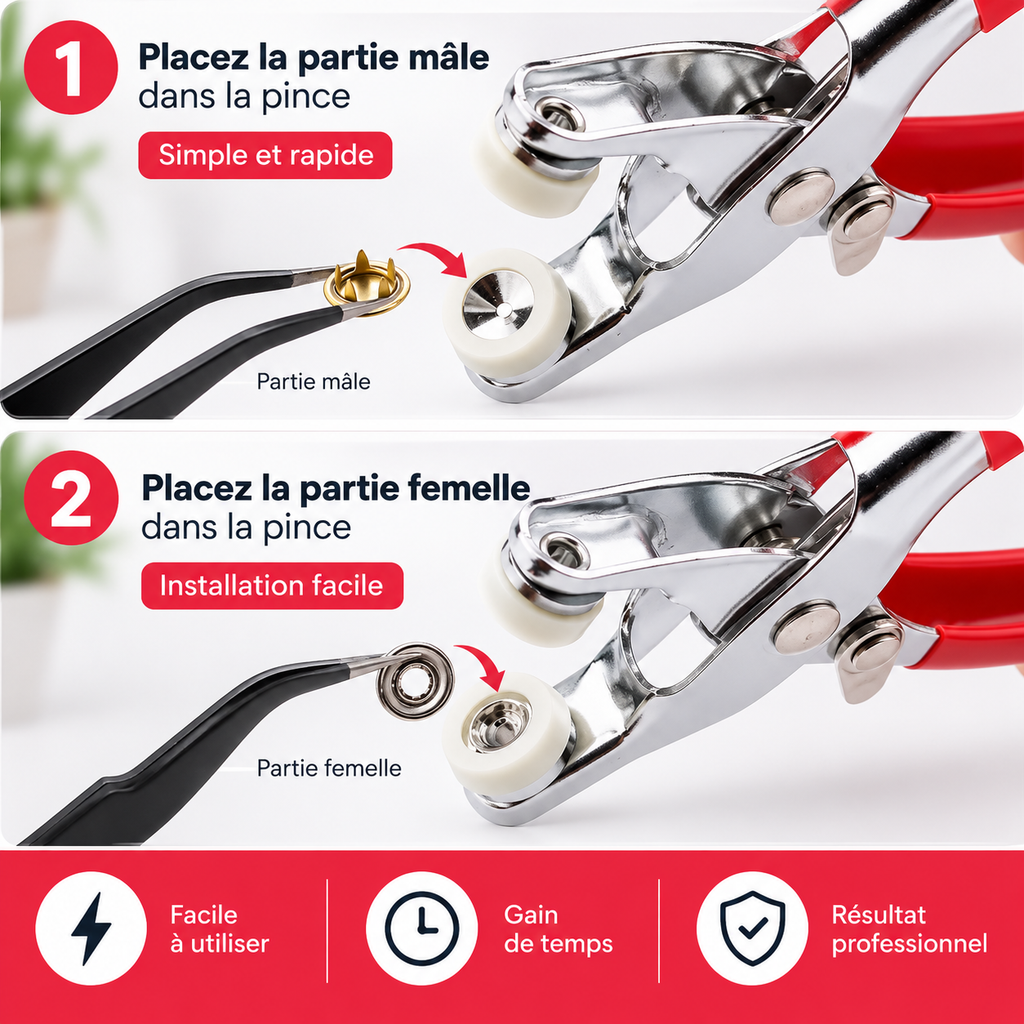 Kit de boutons-pression avec pince de pose et outil de pressage
