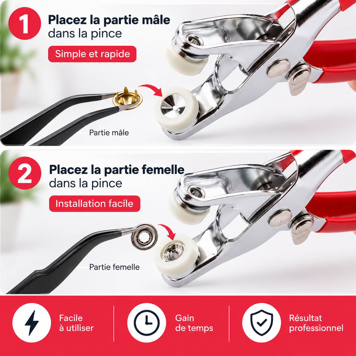 Kit de boutons-pression avec pince de pose et outil de pressage