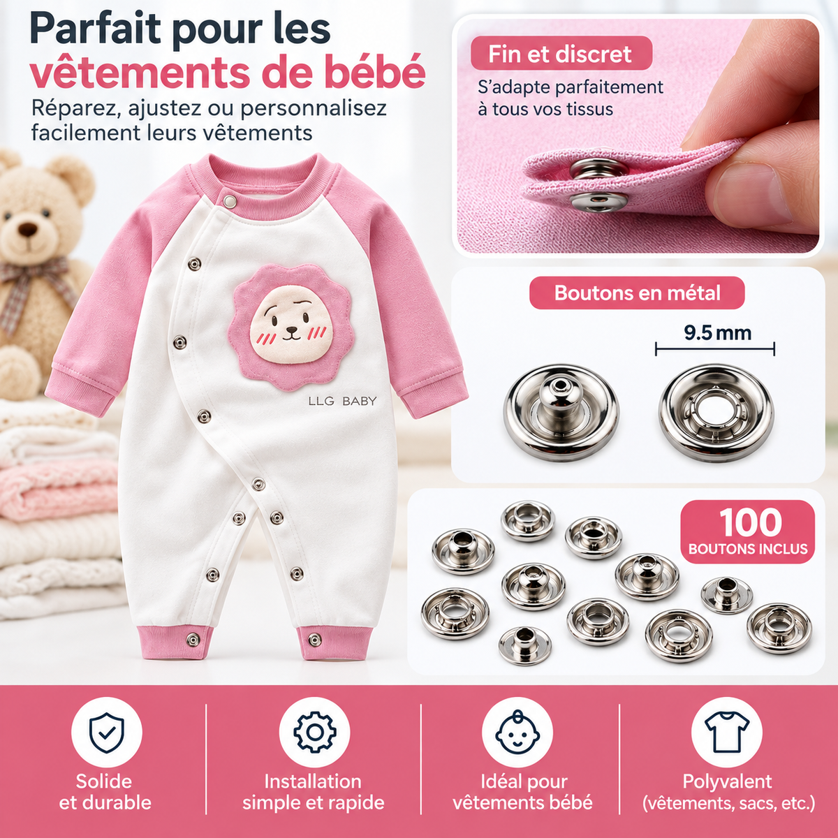 Kit de boutons-pression avec pince de pose et outil de pressage