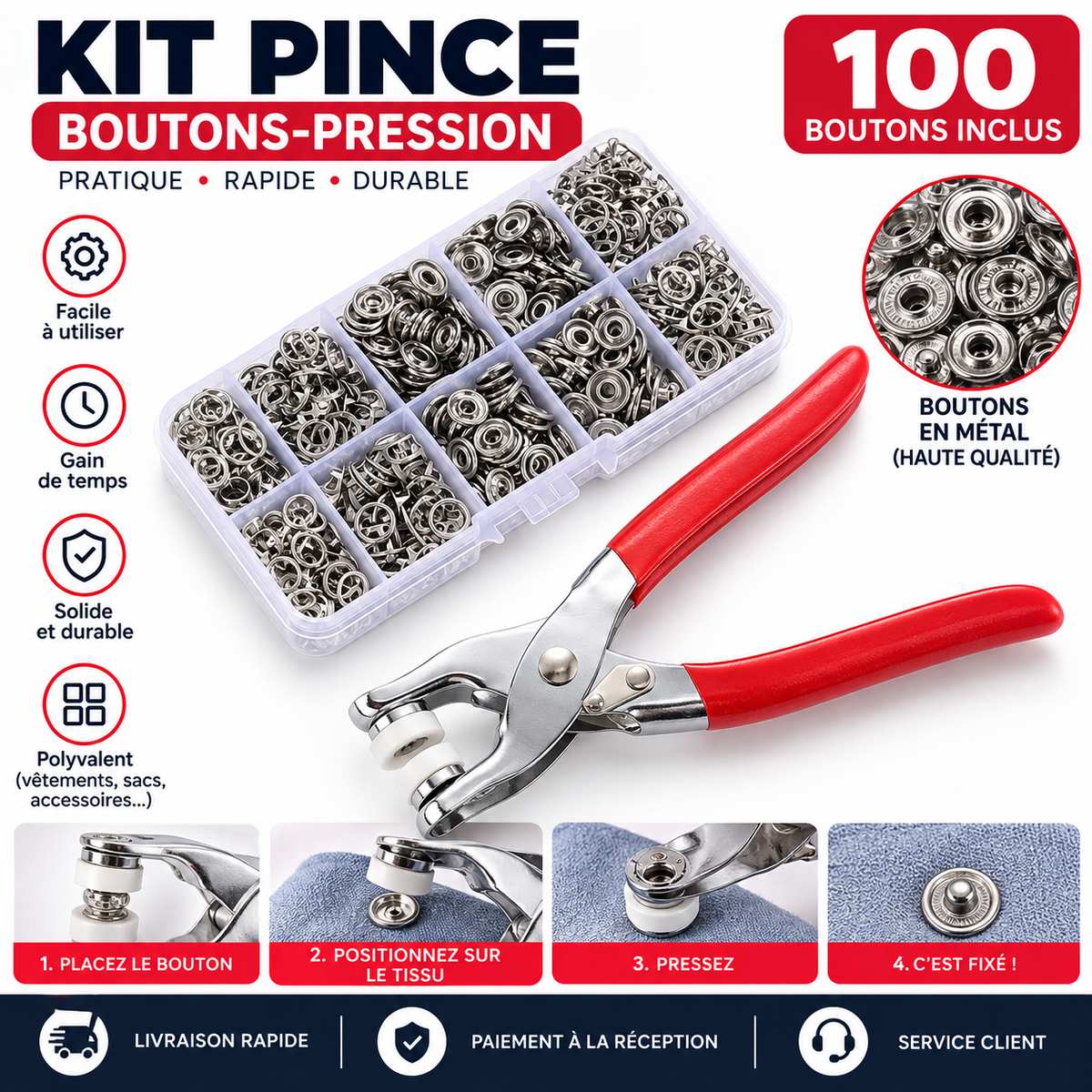 Kit de boutons-pression avec pince de pose et outil de pressage