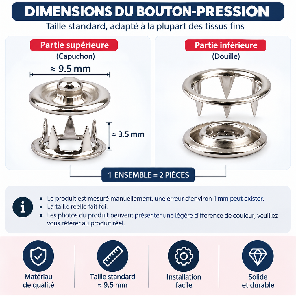 Kit de boutons-pression avec pince de pose et outil de pressage