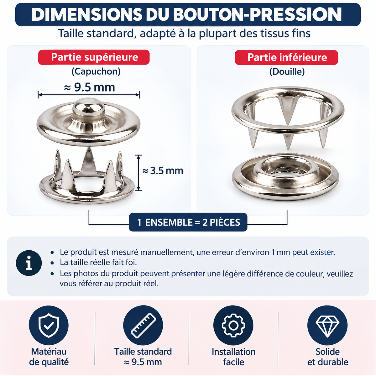 Kit de boutons-pression avec pince de pose et outil de pressage