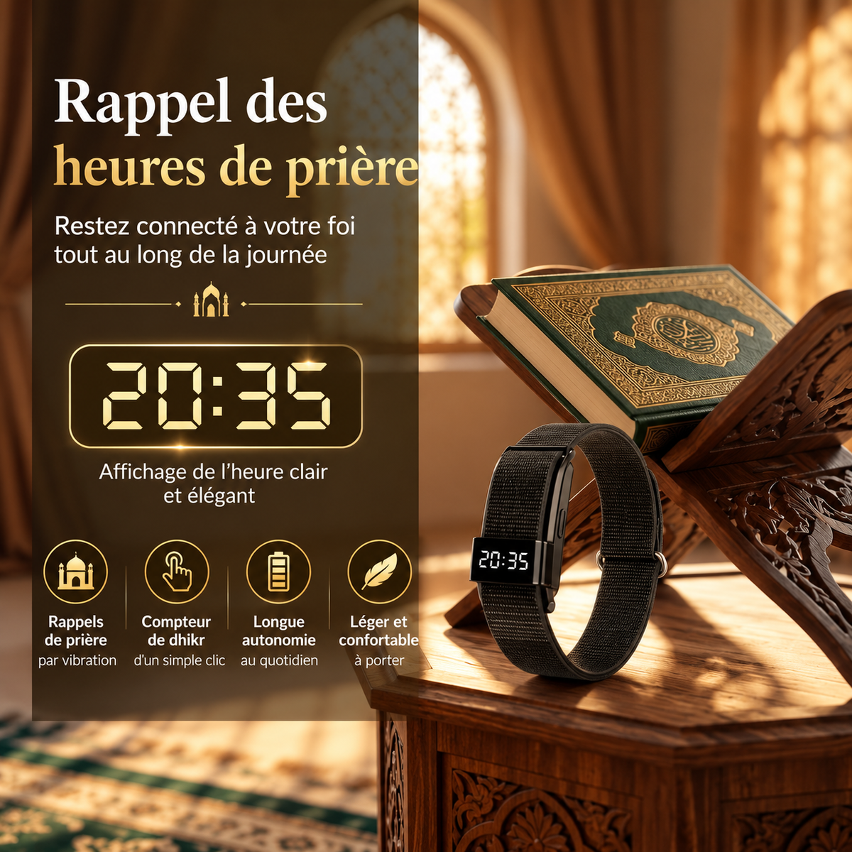 Bracelet Intelligent Tasbih – Compteur de Dhikr & Rappel des Prières