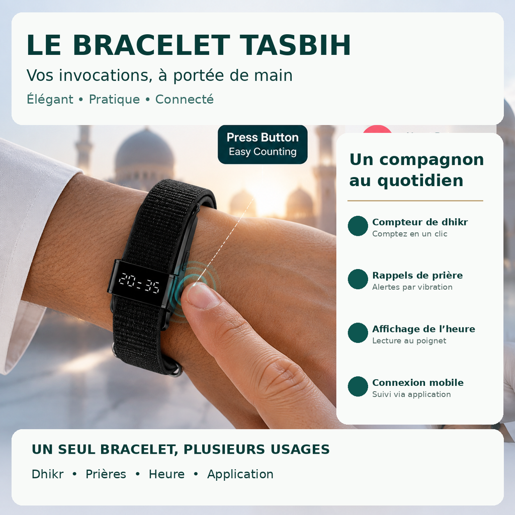 Bracelet Intelligent Tasbih – Compteur de Dhikr & Rappel des Prières